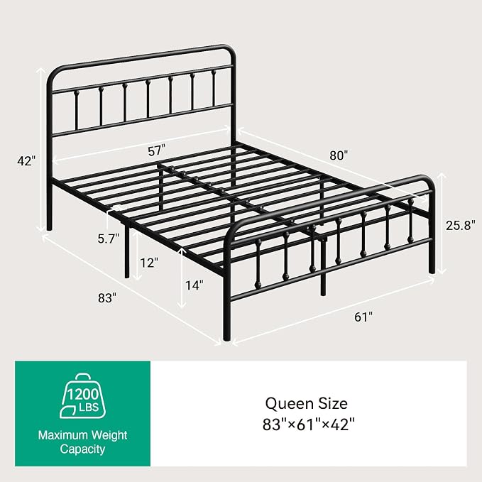 Novilla Metal Bed Frame Queen Size - Modern Minimalist Victorian Style with Headboard/Footboard, Heavy-Duty Steel Slats/Underbed Storage/No Box Spring Needed/Easy Assembly/Noise Free/Black