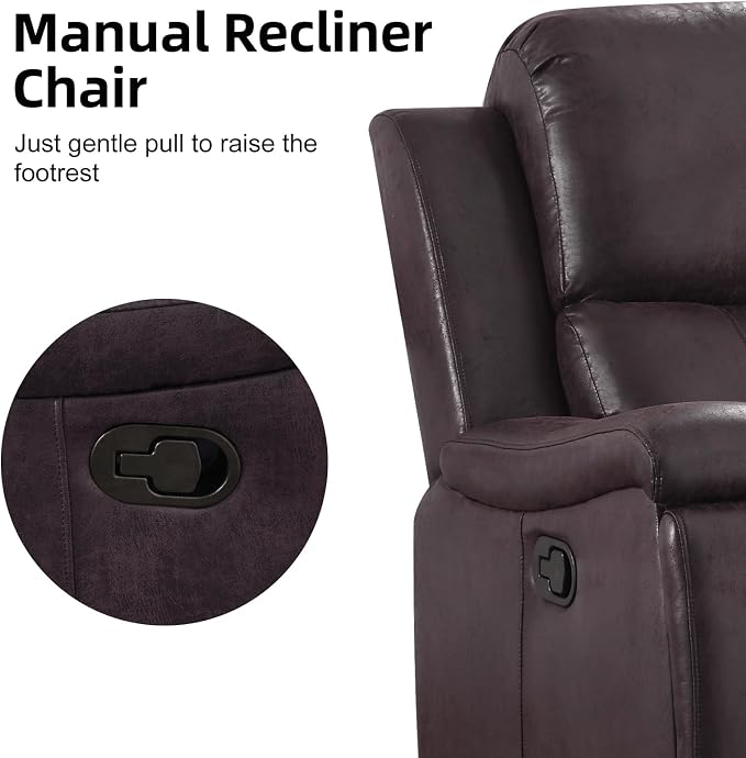CANMOV Manual Recliner Chair, Classic Faux Leather Recliner Chair with Overstuffed Arms and Back, Manual Single Sofa with Concealed Cup Holders, Dark Brown