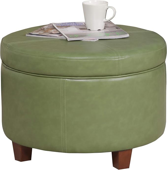 HomePop Round Leatherette Storage Ottoman with Lid, Moss Green Large