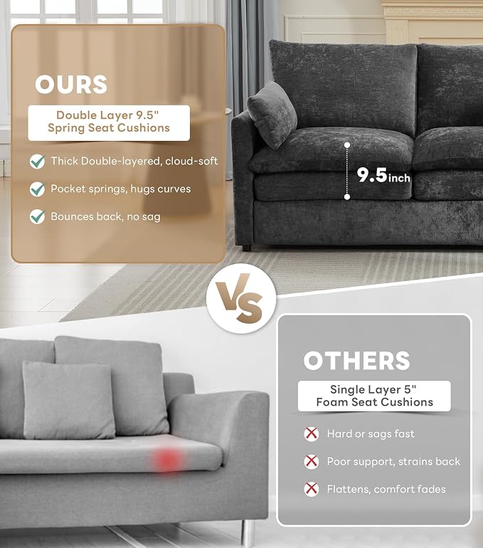 Iroomy Loveseat & 3 Seater, Chenille Cloud Couch, Modern Sofa, Comfy Plush Thick Cushions, Pocket Springs, Cloud-Like Comfort Sofas, Living Room Furniture Sets, Dark Gray