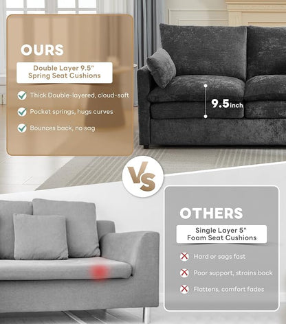 Iroomy Loveseat & 3 Seater, Chenille Cloud Couch, Modern Sofa, Comfy Plush Thick Cushions, Pocket Springs, Cloud-Like Comfort Sofas, Living Room Furniture Sets, Dark Gray