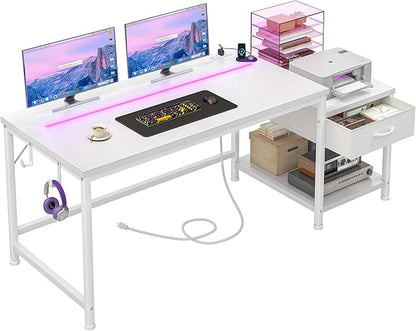 DurayLoly 56 Inch White Computer Desk with Printer Shelf, Power Outlet & LED Lights, Reversible Office Desk with Drawers & Hooks for Headphone, Bags for Bedroom,Dorm,Teens Study Room,White