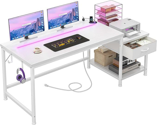 DurayLoly 56 Inch White Computer Desk with Printer Shelf, Power Outlet & LED Lights, Reversible Office Desk with Drawers & Hooks for Headphone, Bags for Bedroom,Dorm,Teens Study Room,White