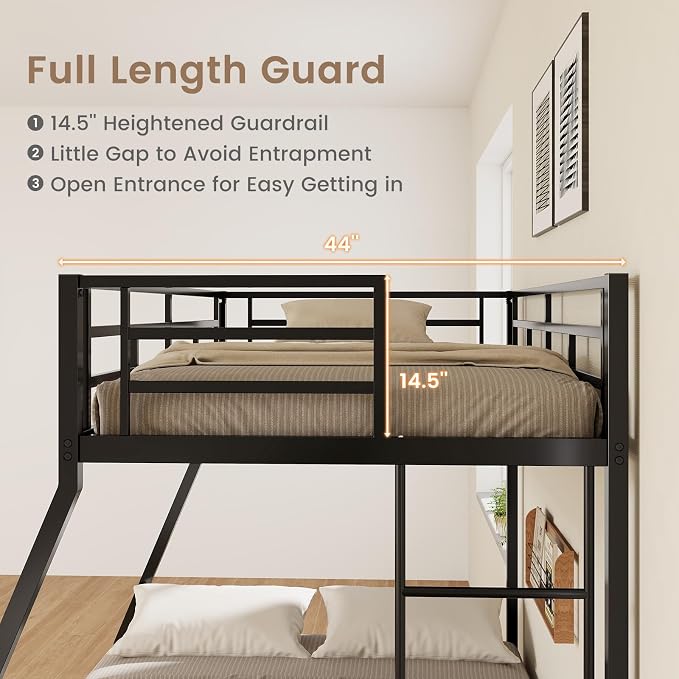 DORTALA Twin Over Full Bunk Bed, Metal Bunk Bed Frame w/Ladder, Safety Rail & Steel Slats, Space-Saving Bunk Beds for Kids Teens Adults, Noise Free for Dorm Bedroom, No Box Spring Needed, Black