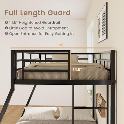 DORTALA Twin Over Full Bunk Bed, Metal Bunk Bed Frame w/Ladder, Safety Rail & Steel Slats, Space-Saving Bunk Beds for Kids Teens Adults, Noise Free for Dorm Bedroom, No Box Spring Needed, Black