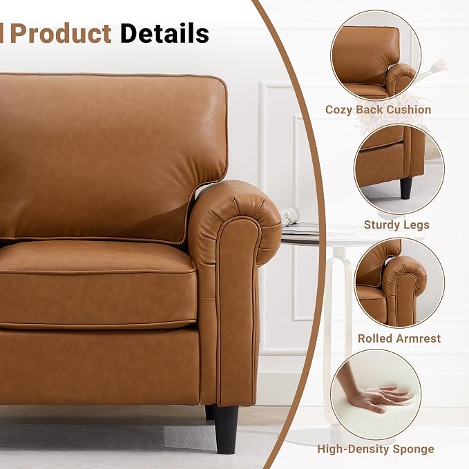 Kingfun Faux Leather 3 Seater Couch, Mid Century Modern Sofa with Rolled Arms and Deep Seats, Fluffy Comfort for Living Room, Apartment, Easy Assembly, Brown