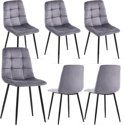 NORDICANA Grey Velvet Dining Chairs Set of 6, Upholstered Tufted Kitchen Chairs, Comfortable Seat, Metal Leg, Easy Assembly