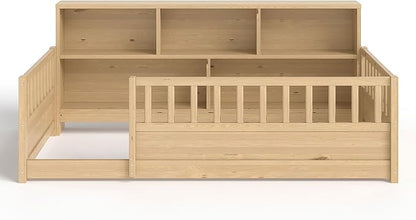 Bellemave Twin Size Montessori Floor Bed with Bookcase, Twin Floor Bed with High Fence and Storage Shelves, Easy Assemble Montessori Beds Frame for Girls, Boys, Natural