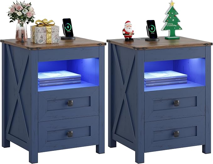 TAGELIER Night Stand Set 2 with Gun Drawer, Farmhouse Bedside Table with Charging Station, Gun Nightstand with LED Light & Human Sensor, Smart End Table for Bedroom, Blue
