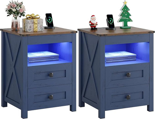 TAGELIER Night Stand Set 2 with Gun Drawer, Farmhouse Bedside Table with Charging Station, Gun Nightstand with LED Light & Human Sensor, Smart End Table for Bedroom, Blue