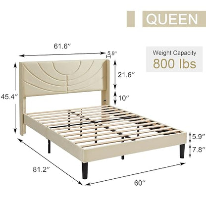 VECELO Upholstered Platform Queen Bed Frame with Fabric Headboard,Wooden Slats Support/No Box Spring Needed/Mattress Foundation,Beige
