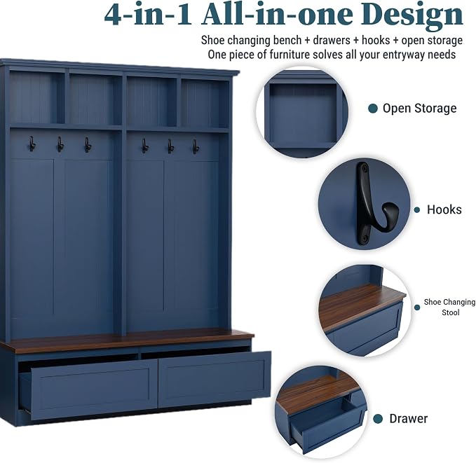 55.9" W Hall Tree with Bench and Shoe Storage,Shoe and Coat Rack with Drawer and Hooks,Farmhouse Furniture for Entryway,Mudroom,Living Room,Blue