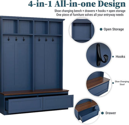 55.9" W Hall Tree with Bench and Shoe Storage,Shoe and Coat Rack with Drawer and Hooks,Farmhouse Furniture for Entryway,Mudroom,Living Room,Blue