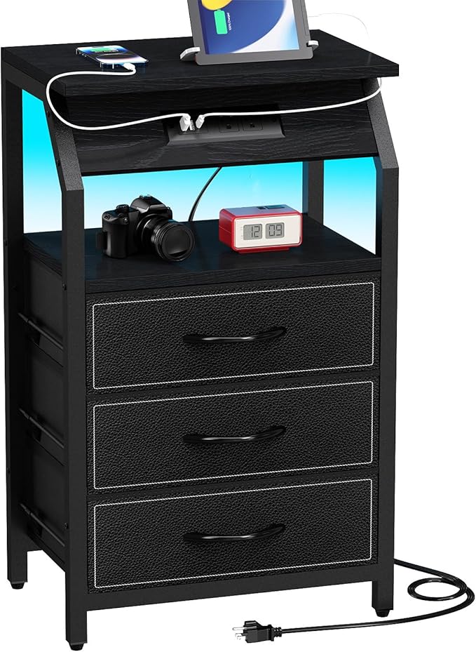 SZLHANJZ End Table with 3 Drawers, Nightstand with Charging Station and LED Lights, Small Fabric Night Stand for Bedside, Storage Side Table for Living Room Dorm, Black