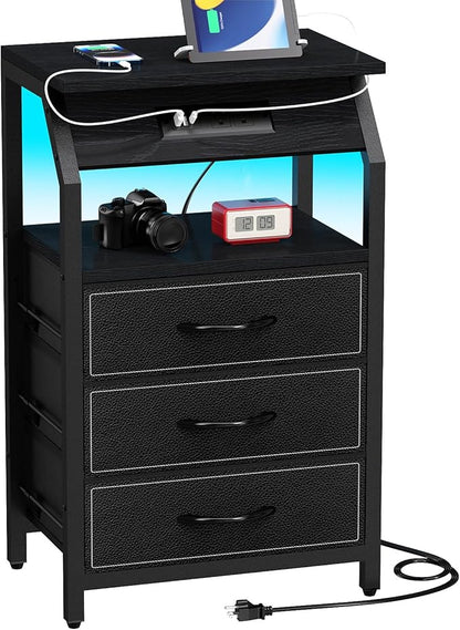 SZLHANJZ End Table with 3 Drawers, Nightstand with Charging Station and LED Lights, Small Fabric Night Stand for Bedside, Storage Side Table for Living Room Dorm, Black