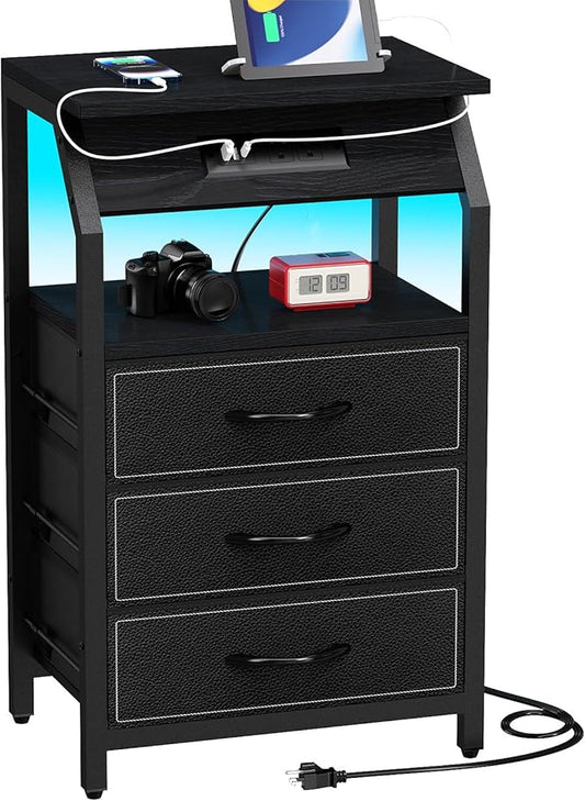 SZLHANJZ End Table with 3 Drawers, Nightstand with Charging Station and LED Lights, Small Fabric Night Stand for Bedside, Storage Side Table for Living Room Dorm, Black