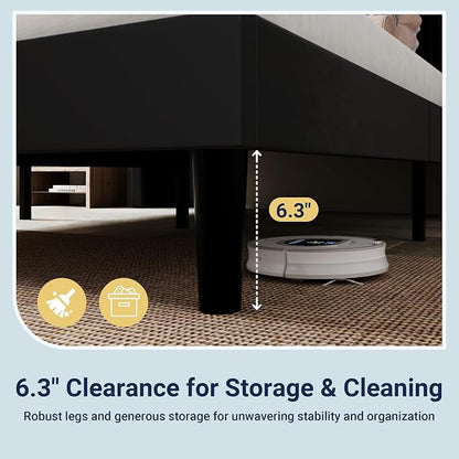 Allewie King Size Platform Bed Frame with USB Charging Station and Storage Shelf/Upholstered Velvet Wingback Headboard/Wooden Slats Support/No Box Spring Needed/Easy Assembly, Black