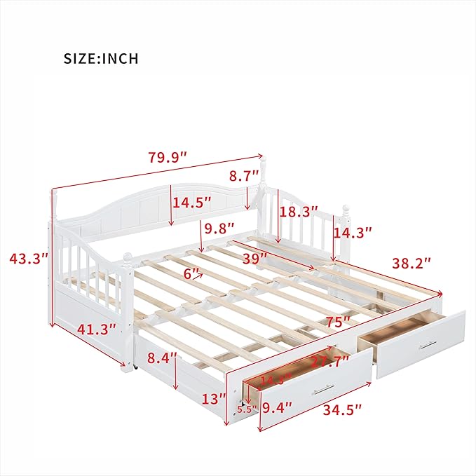 Merax Multifunctional Extending Day Bed with Trundle & Drawers Twin to King Wood Sofa Bed with Headboard No Box Spring Needed White