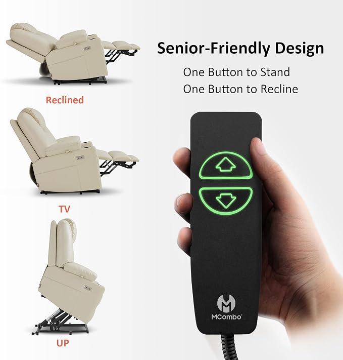 MCombo Power Lift Recliner Chair for Elderly R7042(Cream White, Small-Wide) | Heat and Massage, Breathable Faux Leather, USB& Type C Charging Port, FSC Certified