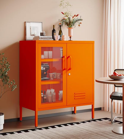 Storage Cabinet with Adjustable Shelves for Bathroom Living Room Foyer Kitchen Left Glass Door and Right Iron Door Orange Size：33" H x 29.5" W x 13.8" D