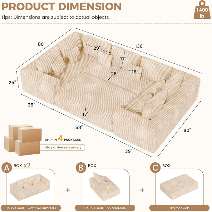 Luxanimarion 136'' Large Sectional Cloud Couches with Chaise, U Shaped Boneless Sofa Bed with Ottoman, No Assembly Required Deep Seat Modular Lounge for Living Room 4PCS Set, Bedroom(Khaki)