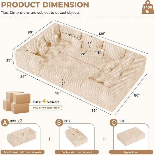 Luxanimarion 136'' Large Sectional Cloud Couches with Chaise, U Shaped Boneless Sofa Bed with Ottoman, No Assembly Required Deep Seat Modular Lounge for Living Room 4PCS Set, Bedroom(Khaki)