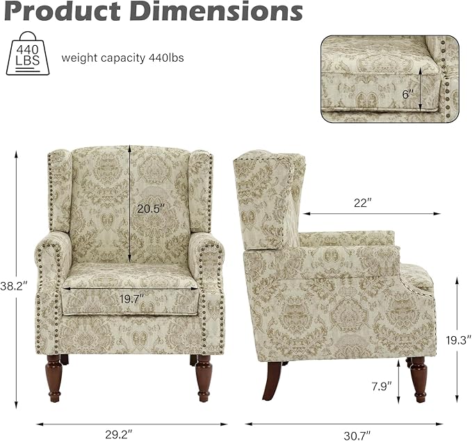 High Back Accent Chair, Fabric Upholstered Armchair for Living Room, Floral Wingback Chair with Retro Solid Wood Legs, Nailhead Trim Single Sofa Bedroom Reading Seat - White