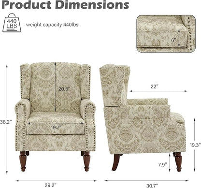 High Back Accent Chair, Fabric Upholstered Armchair for Living Room, Floral Wingback Chair with Retro Solid Wood Legs, Nailhead Trim Single Sofa Bedroom Reading Seat - White