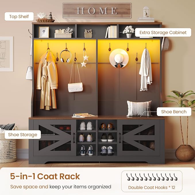 Itaar Hall Tree with Bench and Shoe Storage, 5-in-1 Entryway Bench with Coat Rack, 16 Shoe Cubbies & 12 Coat Hooks, Barn Door & Adjustable Shelf (Black)