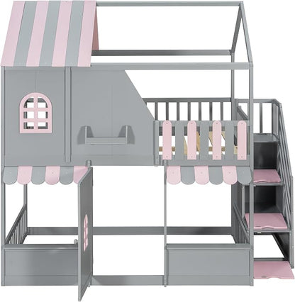 Merax Full Over Full Wood House Bunk Bed with Storage Staircase & Shelves, Floor Multifunction Bunk Bed with Full Length Gardrails for Bedroom,Playhouse Design, Roof & Door, Space Saving, Gray+Pink