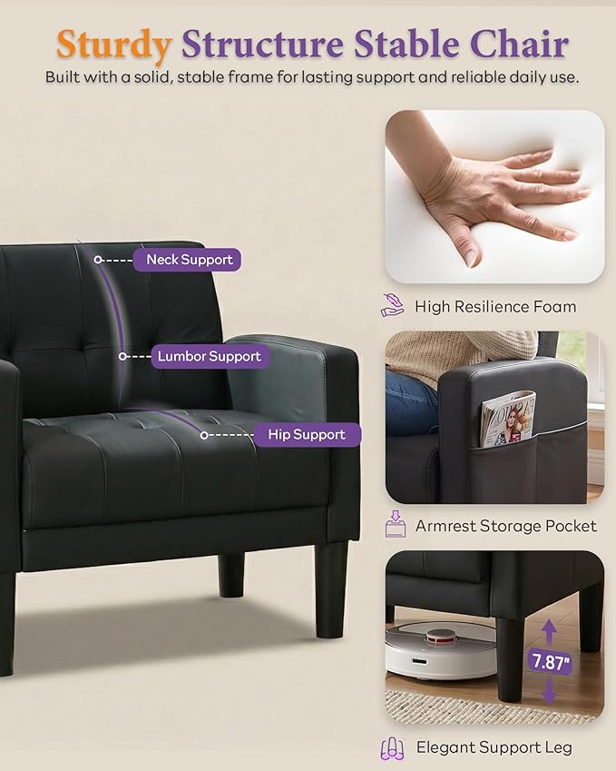 TYBOATLE Accent Chair, Living Room Chairs, Cozy Tufted Mid Century Modern Black Accent Chairs with Arms for Bedroom, Comfy Reading Arm Chair,Small Chairs for Small Spaces,Living Room,Office (1, Black)