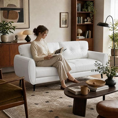 TYBOATLE 61" Loveseat Couches for Living Room, White Faux Leather Couch Mid Century Modern Tufted Mini Sofa Comfy Office 2 Seat Settee Love Seat Small Couches for Small Spaces Bedroom, White