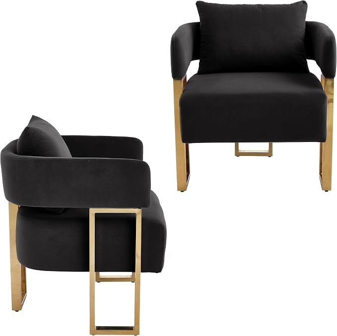YISHENG Modern Barrel Accent Chairs Set of 2, Living Room Side Chairs with Golden Metal Legs Velvet Upholstered Reading Armchairs no Wheels for Vanity/Reception Room//Bedroom/Lounge/Office, Black