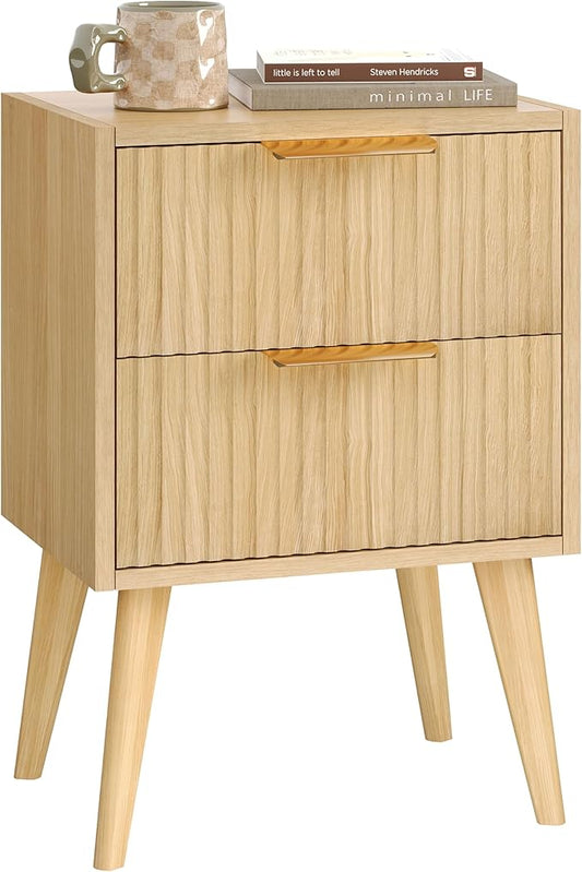 YAUKOMEL Fluted Nightstand,Small Bedside Table,Natural Wood Night Stand,Light Wood Side Table with Solid Wood Legs,End Table for Bedroom,Small Space 11.8" D x 15.7" W x 22.8" H Natural CTG55Y