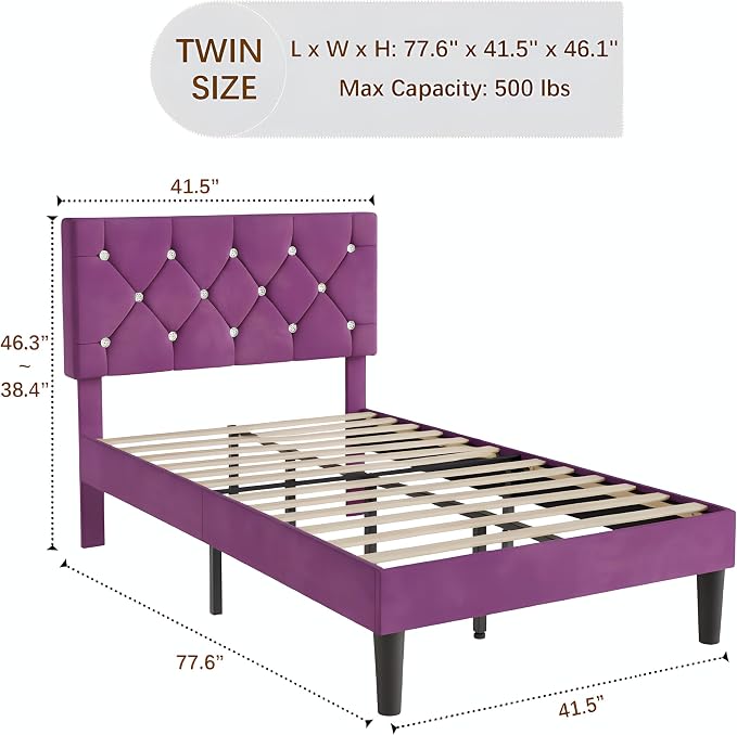 VECELO Twin Size Bed Frame with Diamond Tufted Headboard, Upholstered Platform Bedframe with Wood Slat Support, No Box Spring Needed, Velvet & Purple