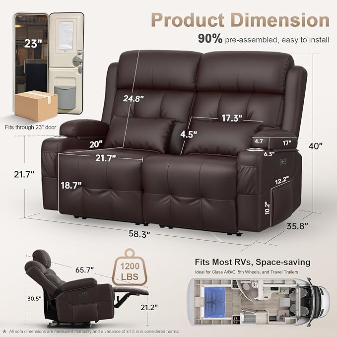 Power Reclining Loveseat with Massage & Heat,Wall Hugger Home Theater Seating with LED Lights,USB & Type-C Ports, Ideal for RV, Home Theater and Living Room,Brown,2 Seats