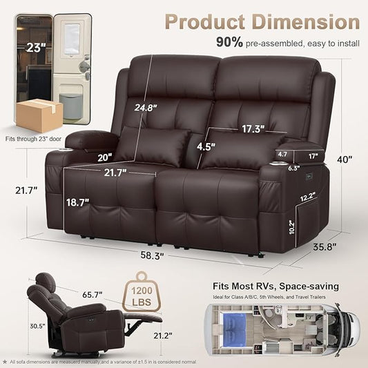 Power Reclining Loveseat with Massage & Heat,Wall Hugger Home Theater Seating with LED Lights,USB & Type-C Ports, Ideal for RV, Home Theater and Living Room,Brown,2 Seats