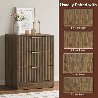8 Drawer Dresser & 3 Drawer Nightstand Set 3-Piece, Tall Fluted Dresser and Night Stand Set of 2 with Metal Handle, Modern Wood Chest of Drawers Storage Dressers Set for Bedroom, Walnut