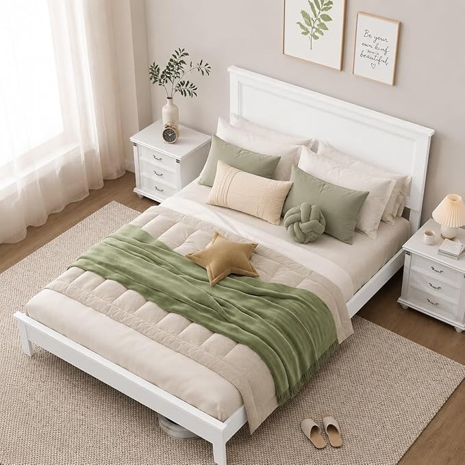 Wood Bed Frames with Headboard, Mid Century Bed Frame with Solid Wood Legs & Wooden Slat Support, Mattress Foundation Bed Base, No Box Spring Needed, (White, Queen (U.S. Standard))