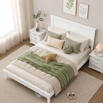 Wood Bed Frames with Headboard, Mid Century Bed Frame with Solid Wood Legs & Wooden Slat Support, Mattress Foundation Bed Base, No Box Spring Needed, (White, Queen (U.S. Standard))