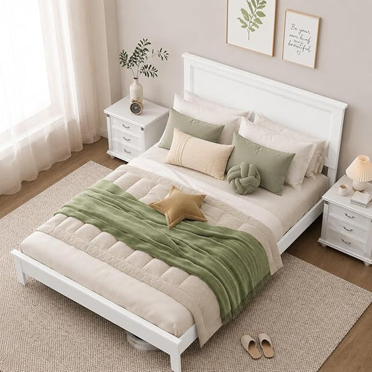 Wood Bed Frames with Headboard, Mid Century Bed Frame with Solid Wood Legs & Wooden Slat Support, Mattress Foundation Bed Base, No Box Spring Needed, (White, Queen (U.S. Standard))