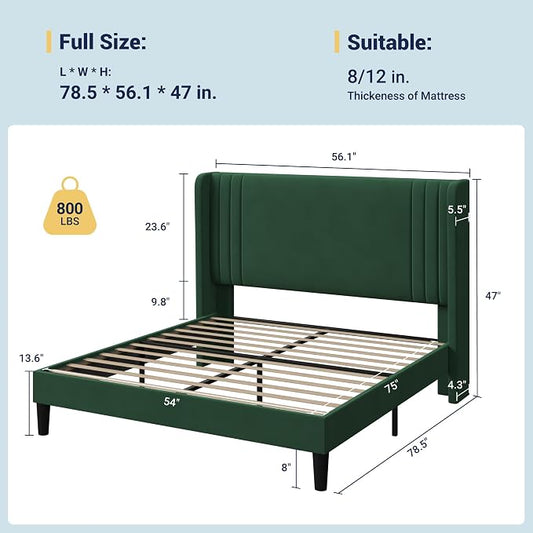 Allewie Full Size Velvet Platform Bed Frame with Vertical Tufted Wingback Headboard, Easy Assembly, Under Bed Storage, No Box Spring Required, Modern Style, Green