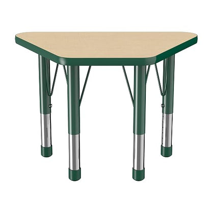 FDP Trapezoid Activity School and Classroom Kids Table (18 x 30 inch), Chunky Toddler Legs for Collaborative Seating Environments, Adjustable Height 15-24 inches - Maple Top and Green Edge