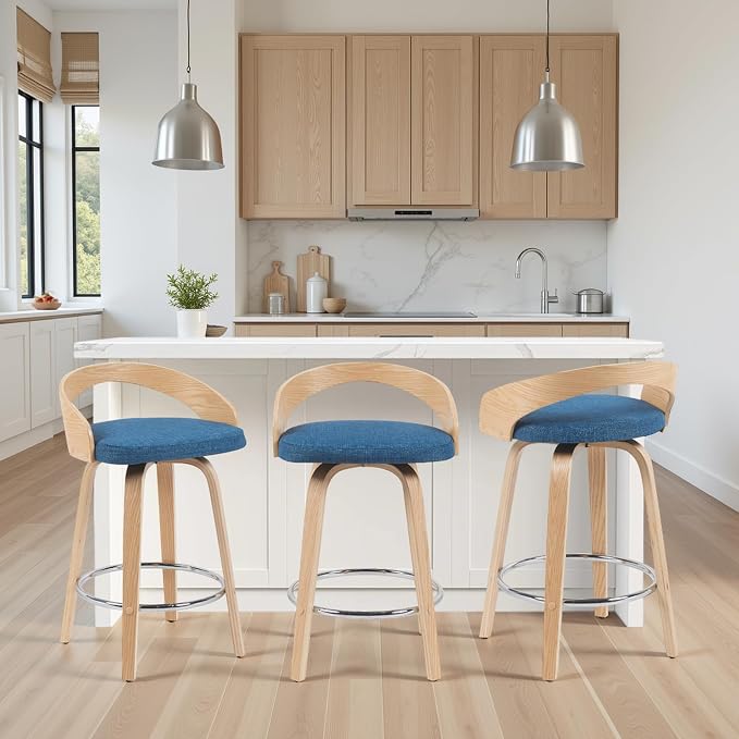 Sonia Modern Swivel Counter Height Bar Stool with Blue Upholstered Seat and Patterned Oak Wood Finish Set of 4