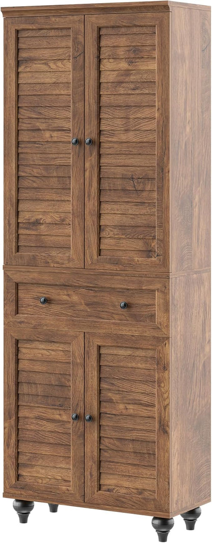 80" Tall Storage Cabinet with Louvered Doors and Adjustable Shelves, Farmhouse Kitchen Pantry Cabinet, Freestanding Storage for Dining Room, Living Room, Home Office, Bathroom, Cracked Oak