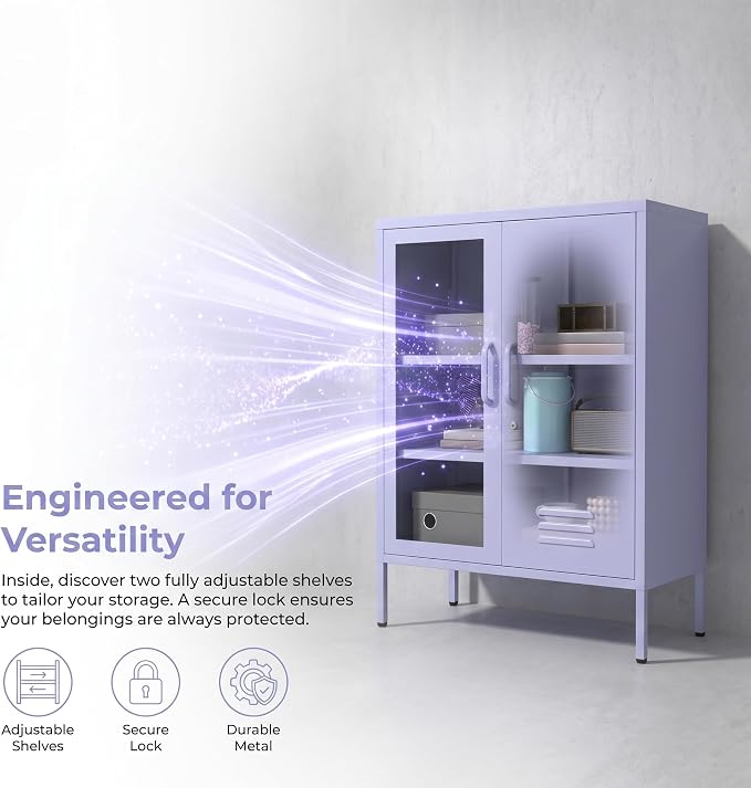Purple Lockable Glass & Metal Door Storage Cabinet, 3-Tier Freestanding Locker Organizer with 2 Adjustable Shelves, Multipurpose Unit for Home, Entryway, Hallway, 33" H x 29.5" W x 13.8" D