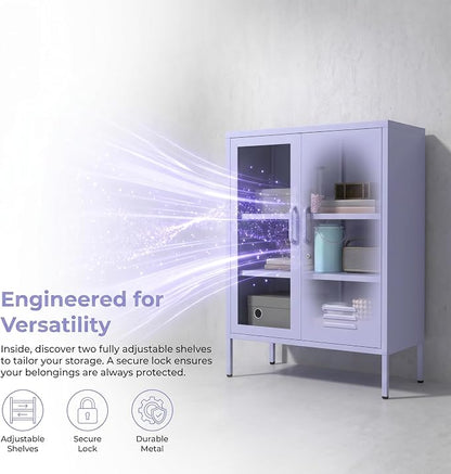 Purple Lockable Glass & Metal Door Storage Cabinet, 3-Tier Freestanding Locker Organizer with 2 Adjustable Shelves, Multipurpose Unit for Home, Entryway, Hallway, 33" H x 29.5" W x 13.8" D