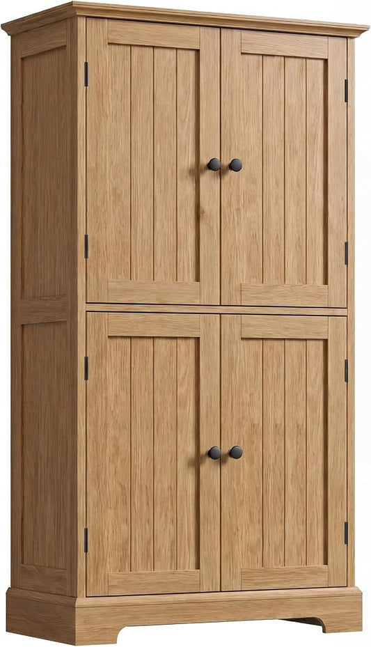 ChooChoo Bathroom Floor Cabinet, Modern Bathroom Storage Cabinet with 4 Doors and Adjustable Shelves, Freestanding Cupboard for Living Room, Natural