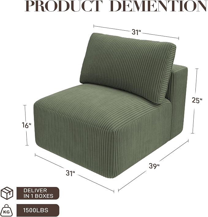 Modular Sectional Sofa Extension, Armless Memory Foam Cloud Chair, 31" Boneless Corduroy Upholstered Single Seat, No Assembly Required Accent Chair for Living Room Apartment Home Decor, Green