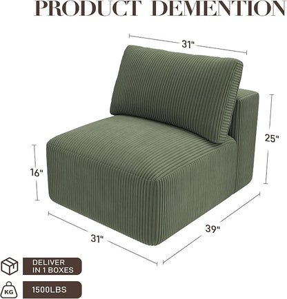 Modular Sectional Sofa Extension, Armless Memory Foam Cloud Chair, 31" Boneless Corduroy Upholstered Single Seat, No Assembly Required Accent Chair for Living Room Apartment Home Decor, Green